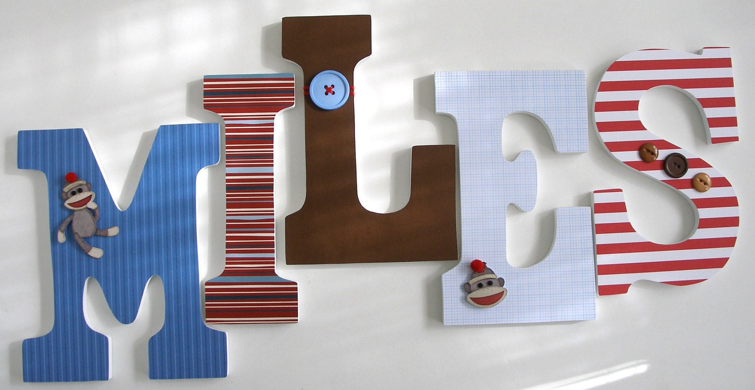 Custom Decorated Wooden Letters BLUE, RED and BROWN Theme - Nursery Bedroom Home Décor, Wall Decorations, Wood Letters, Personalized