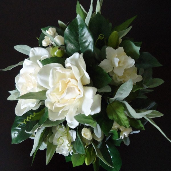 Silk bridal bouquet and matching boutonniere - gardenia, larkspur, myrtle, olive branches and clematis vine