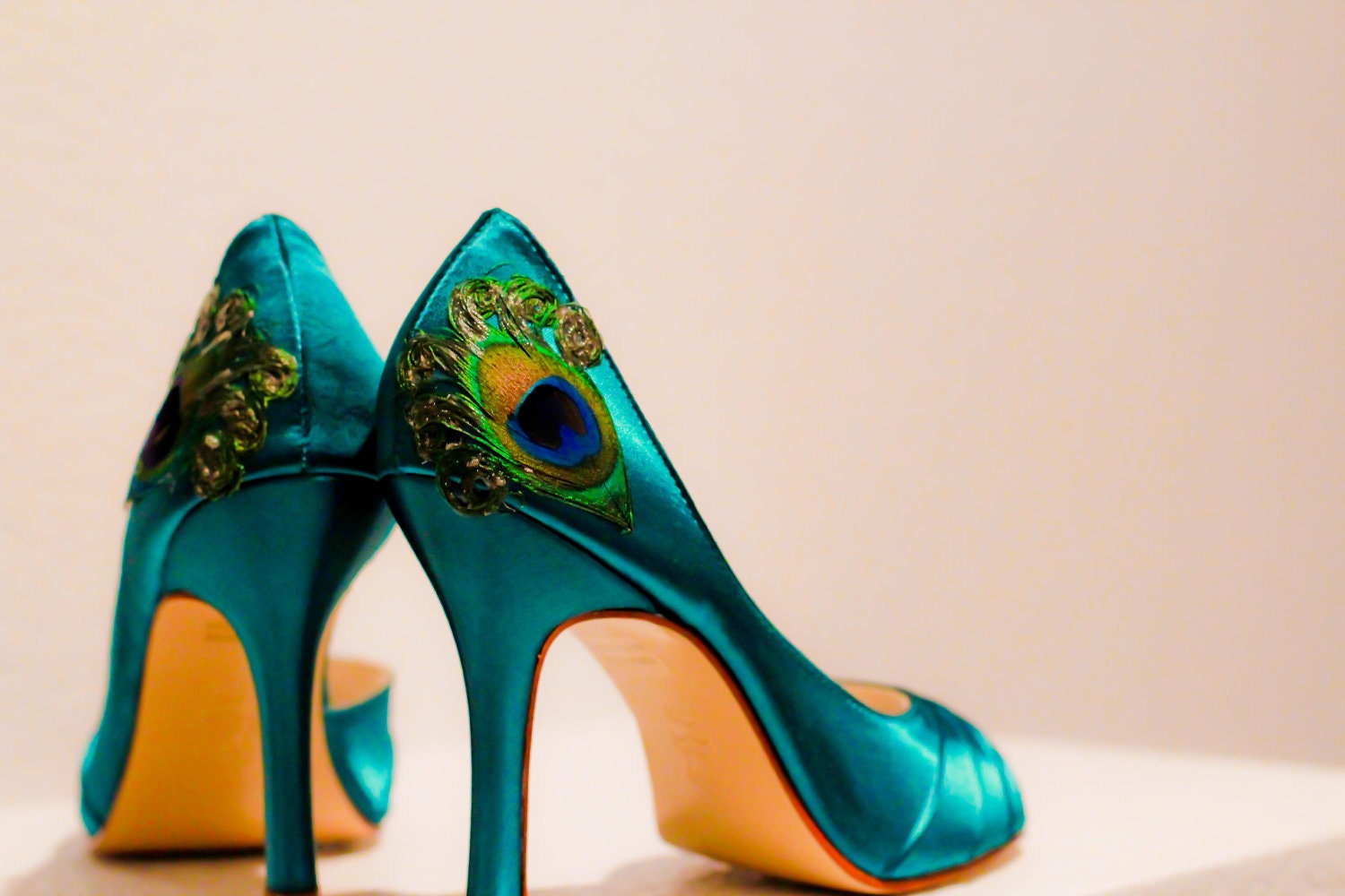 Teal Satin Pleated Peep Toe Peacock Pumps ... ANY SIZE