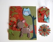 Wooland Notecard set with Cardstock Gift Tag and 3D Flower Embellishment-Deer, Owl Blue Bird and Trees Earthtone Colors