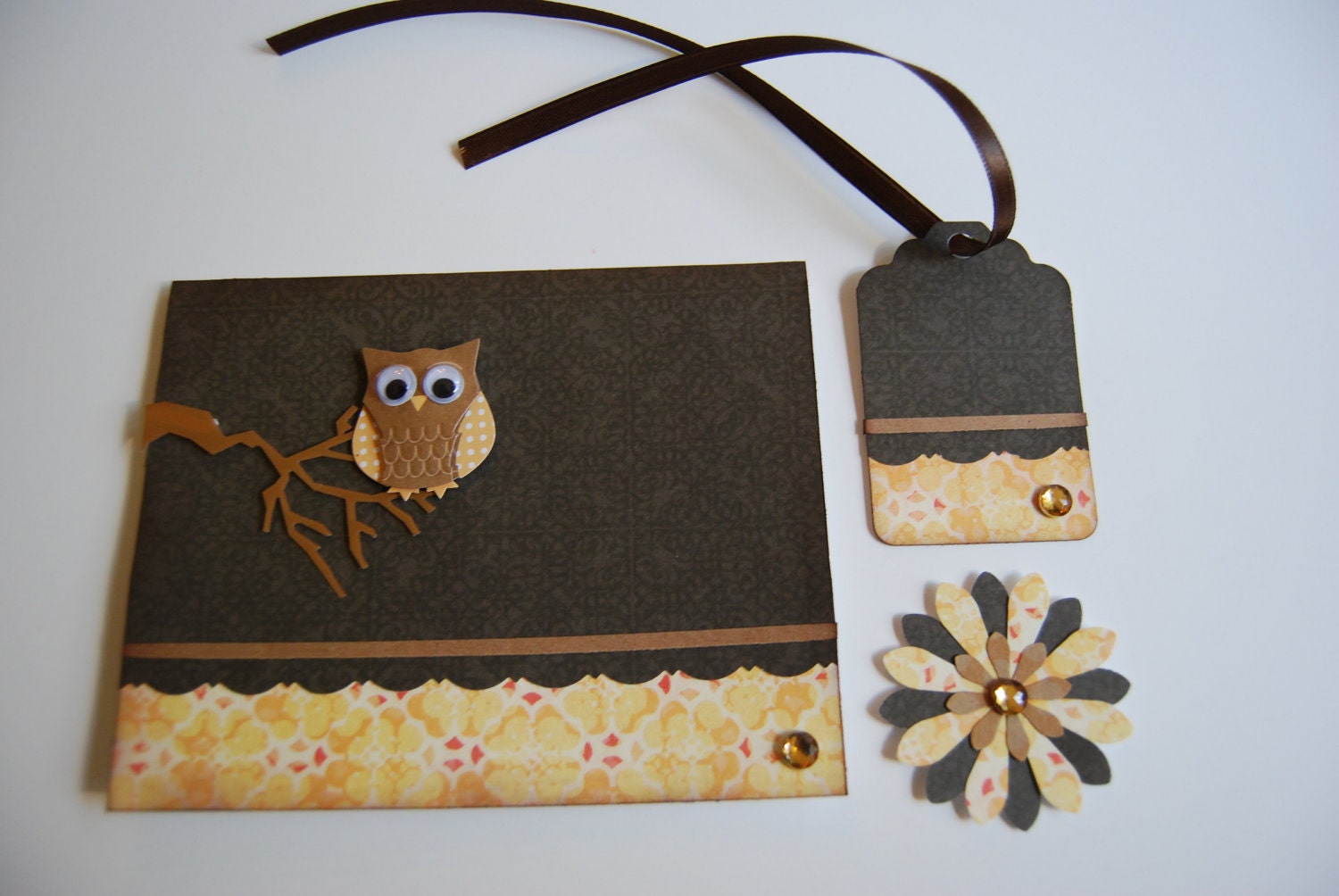 Fall Hooty Owl Note Card Set with Gift Tag and 3D Flower Embellishment