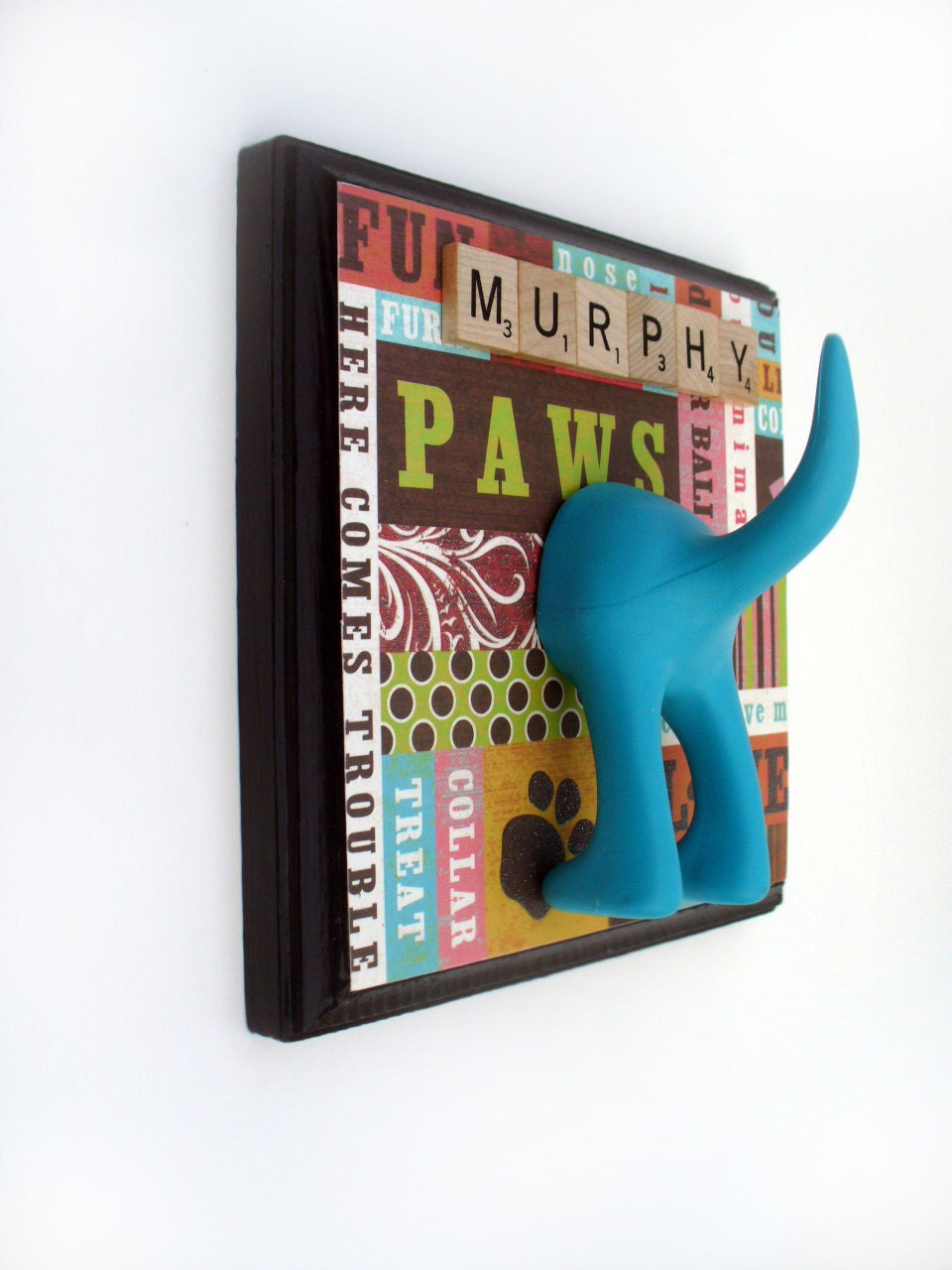 Dog Tail Leash Holder - Here Comes Trouble -  Optional Letter Tiles