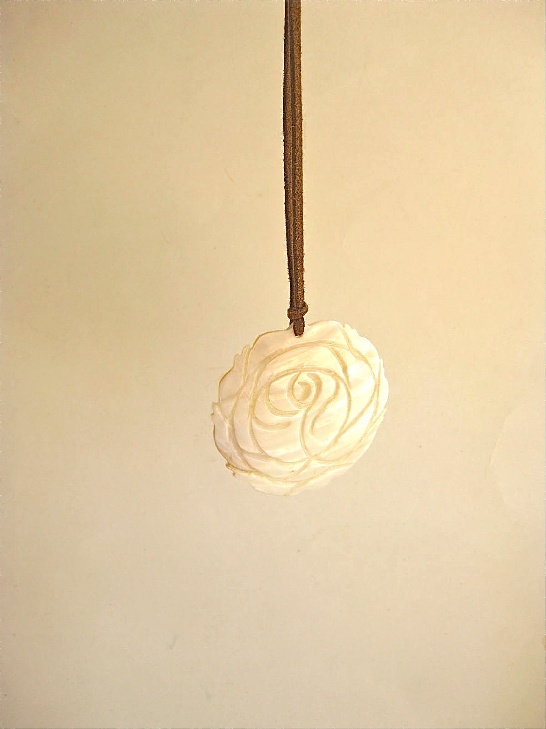 Vintage Large Carved Mother of Pearl Boho Pendant Necklace