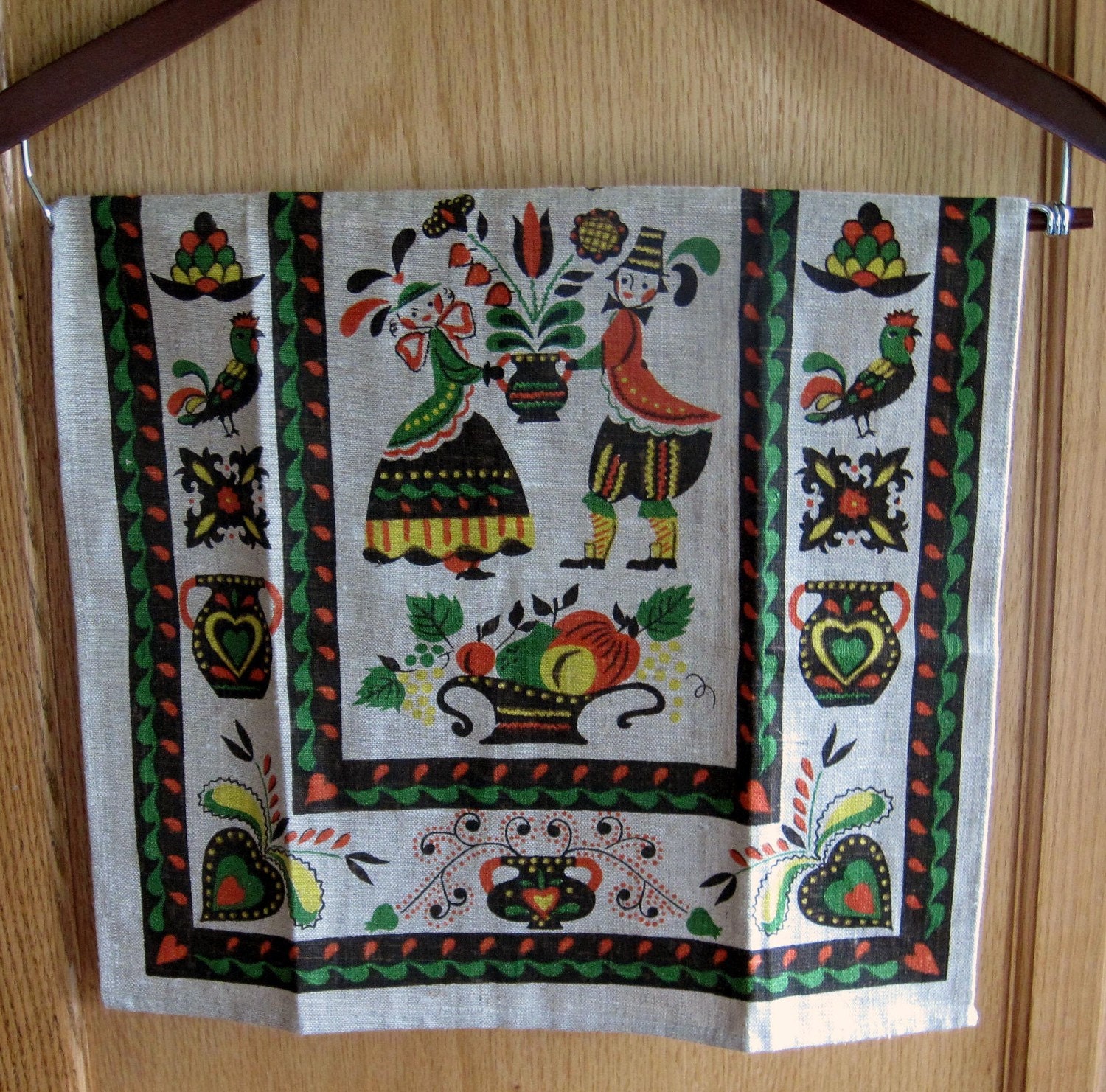 Retro Linen Dish Towel 1960's Dutch Boy and Girl Flowers Fruit Danish Modern