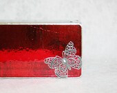 Fuschia Pink Stained Glass Jewelry Box 3x6 w/ Large Filigree Butterfly Handmade