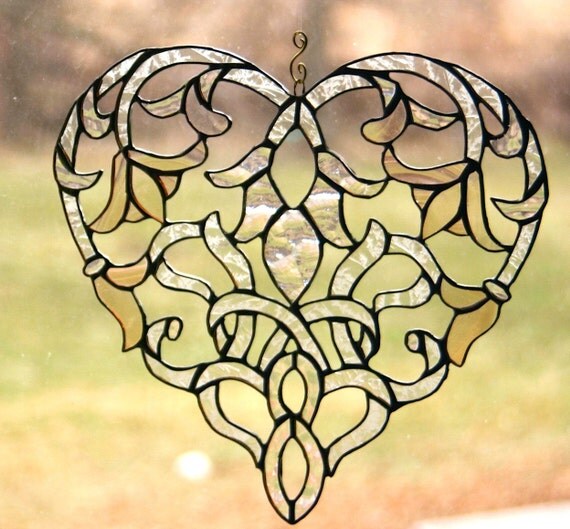 Stained Glass Heart Suncatcher Art Nouveau Glass Art Window Ornament - Made To Order Wedding Gift, Anniversary, Gardener