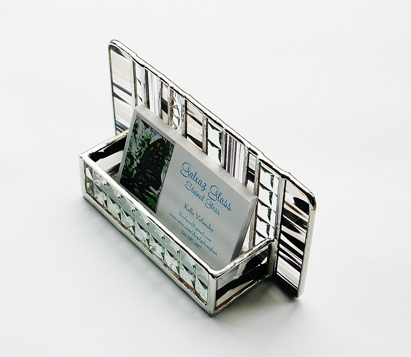 Stained Glass Business Card Holder Black White Clear Art Glass Modern Contemporary Office Fathers Day Handmade OOAK Unisex