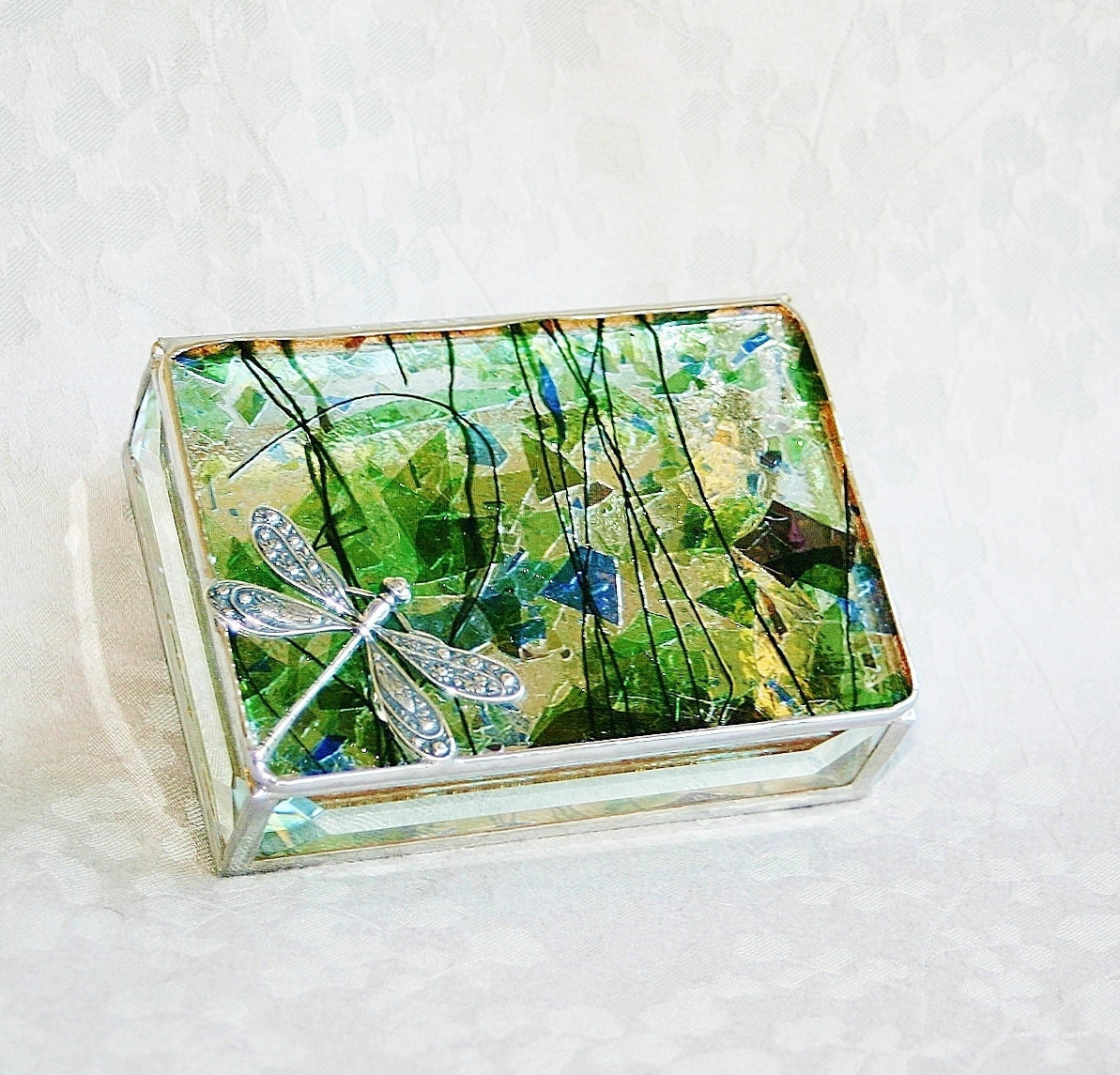 Reserved for GARDEN DREAMS GIVEAWAY July 2 - 8 Stained Glass Jewelry Box Purple Blue Green Confetti 3x4 Floral-stamped Dragonfly
