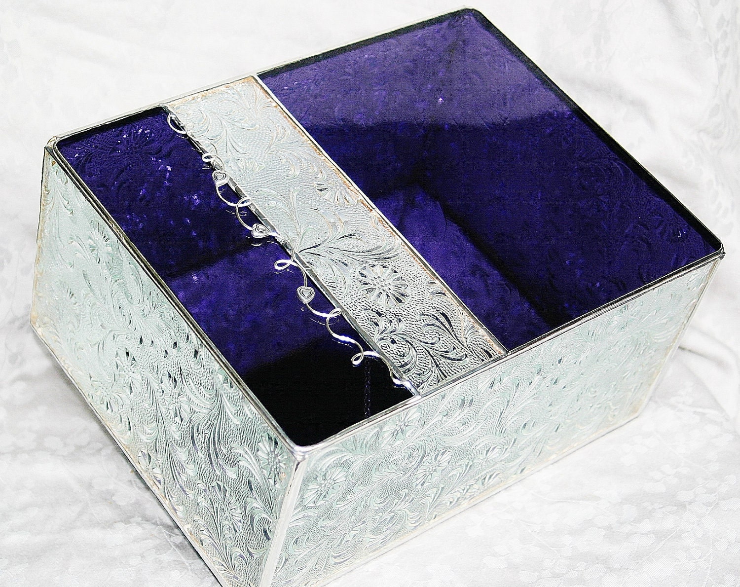 Stained Glass Box for Display Keepsake Box Custom Made-to-Order Purple & Clear Floral Glass w/ Heart Garland Handmade Wedding