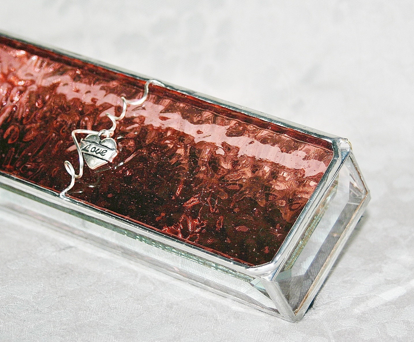 Dusky Rose Pink Stained Glass Box 2x6 w/ Pewter-cast Love Heart Charm Handmade Valentines Day