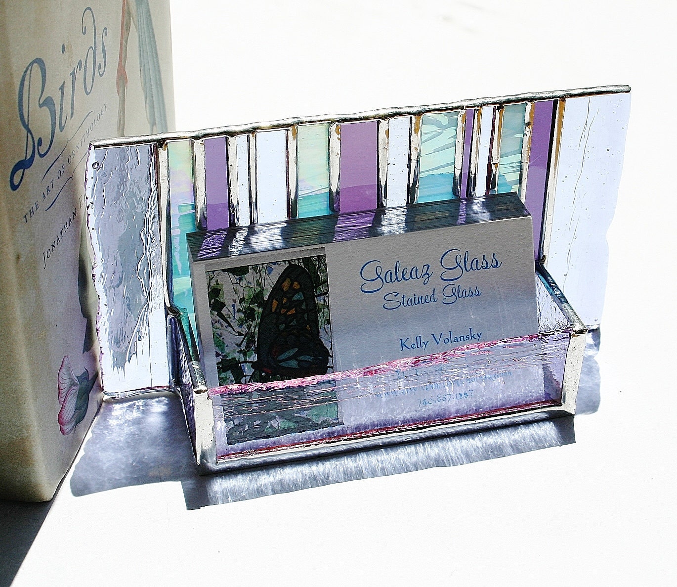 Stained Glass Business Card Holder Purple Lavender Blue Art Glass Fathers Day Office Graduation Gift Desk Accessory New Job OOAK
