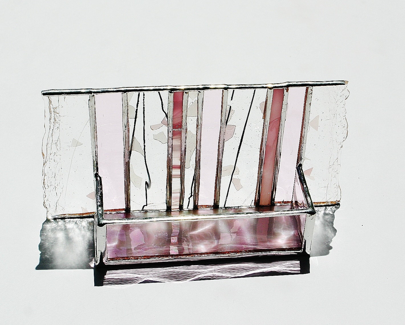 Stained Glass Business Card Holder Pink Confetti Art Glass Office Desk Accessory Handmade OOAK Striped