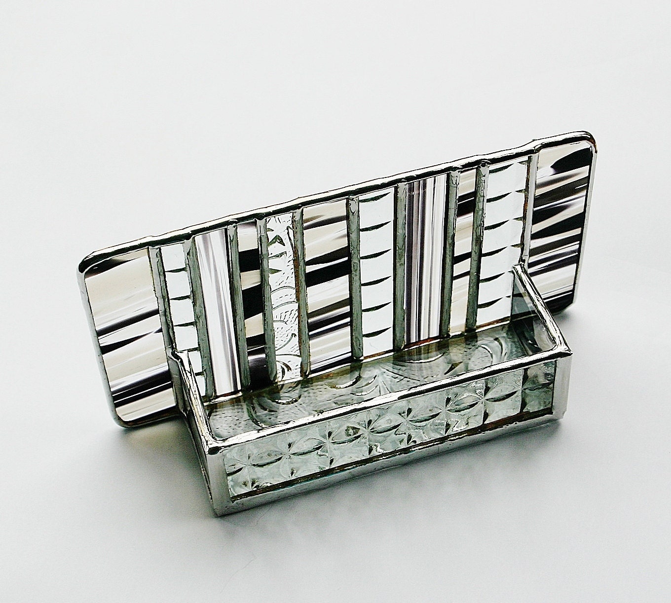 Stained Glass Business Card Holder Black White Clear Art Glass Modern Contemporary Office Fathers Day Handmade OOAK Unisex
