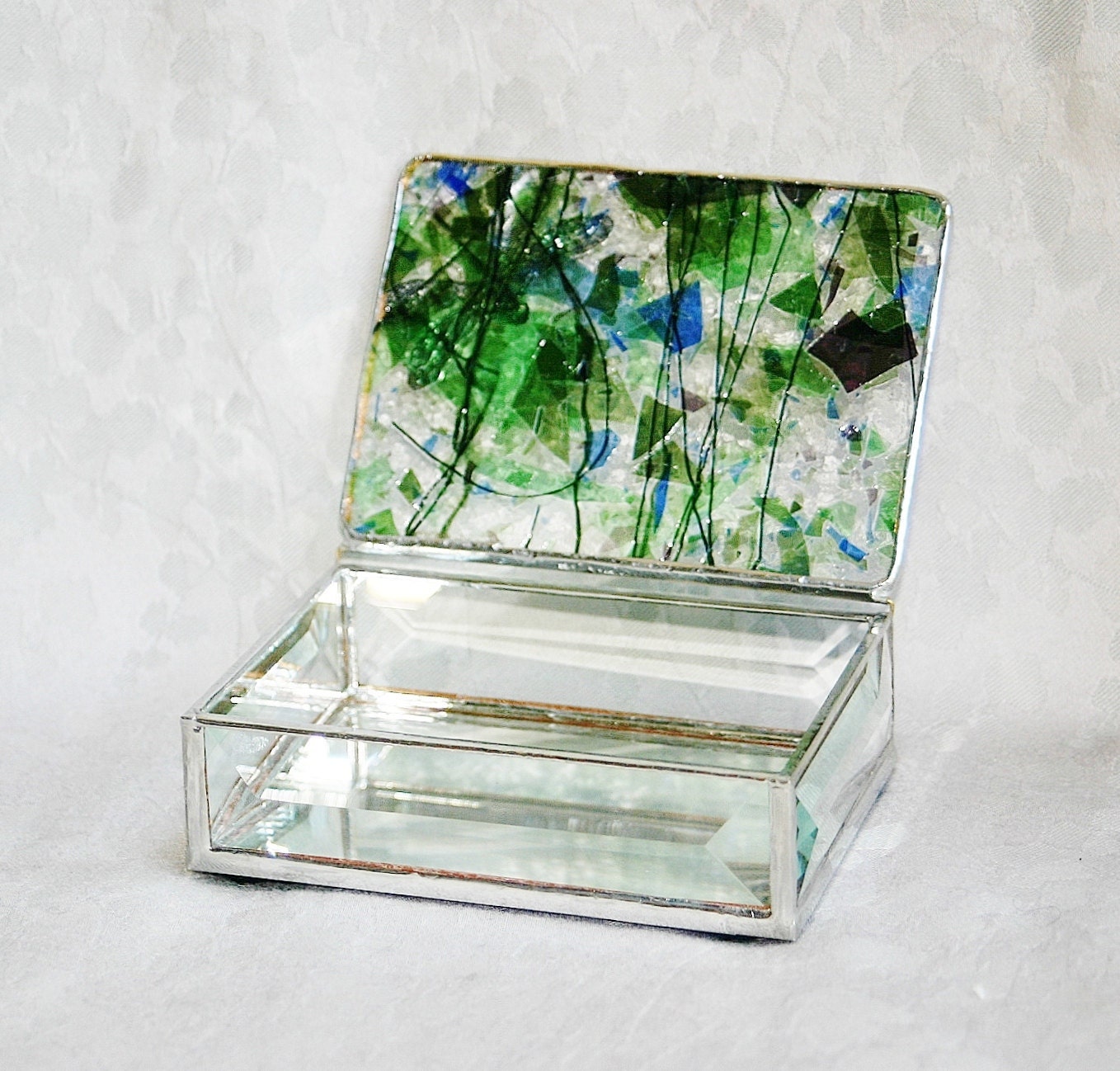 Reserved for GARDEN DREAMS GIVEAWAY July 2 - 8 Stained Glass Jewelry Box Purple Blue Green Confetti 3x4 Floral-stamped Dragonfly