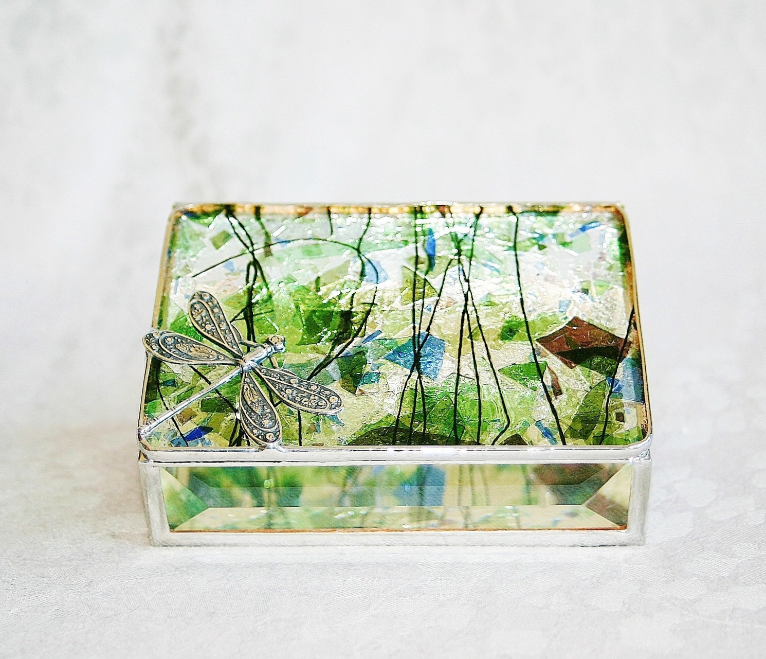 Reserved for GARDEN DREAMS GIVEAWAY July 2 - 8 Stained Glass Jewelry Box Purple Blue Green Confetti 3x4 Floral-stamped Dragonfly