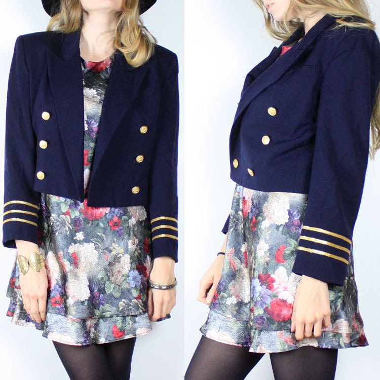 Vintage 80s Navy Cropped Jacket With Gold Crest Buttons