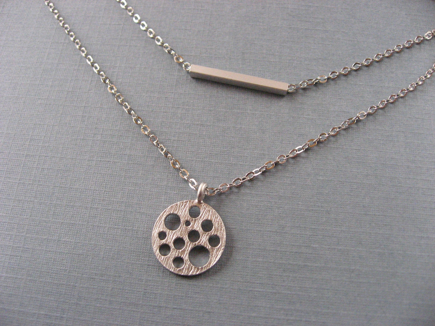 Double Strand Necklace with Silver Circle and Bar Necklace, Delicate, minimal, casual, everyday