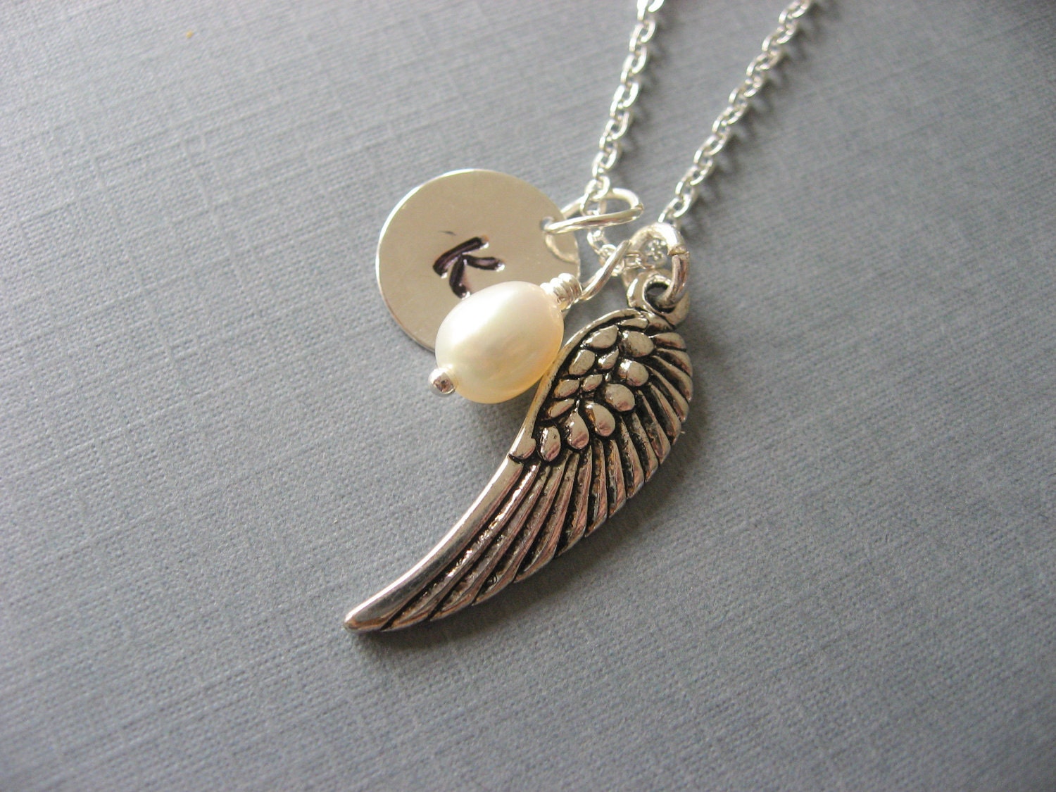 Silver Personalized Wing Necklace with Initial Coin and Tiny Pearl, Wing Pendant, Sympathy Necklace