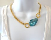 Gold Curb Chain Link Necklace with Turquoise Agate