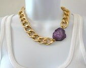 Chunky Gold Chain Link Necklace with Bright Purple Agate