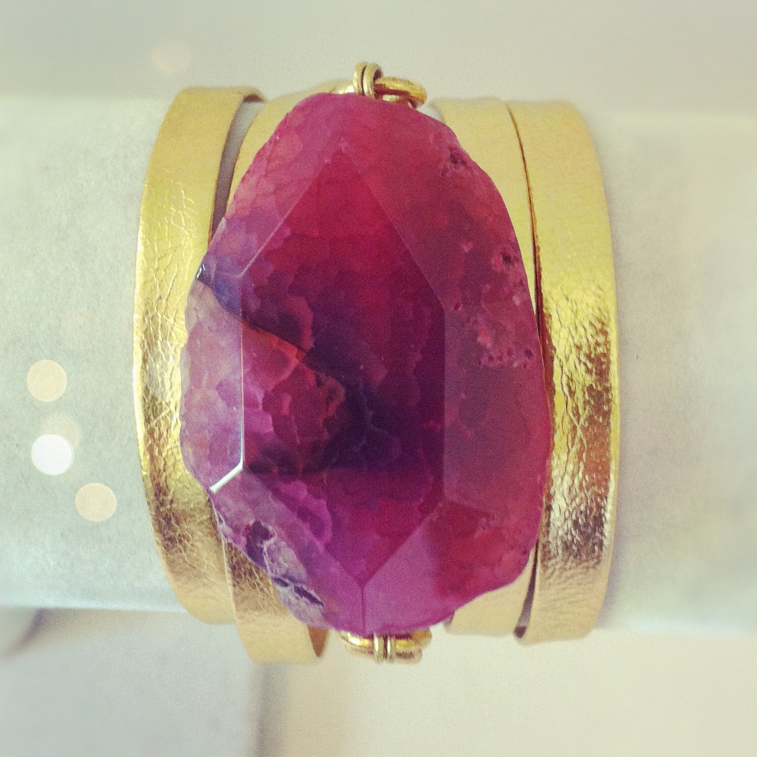 Gold Leather Wrap Bracelet with Hot Pink Agate