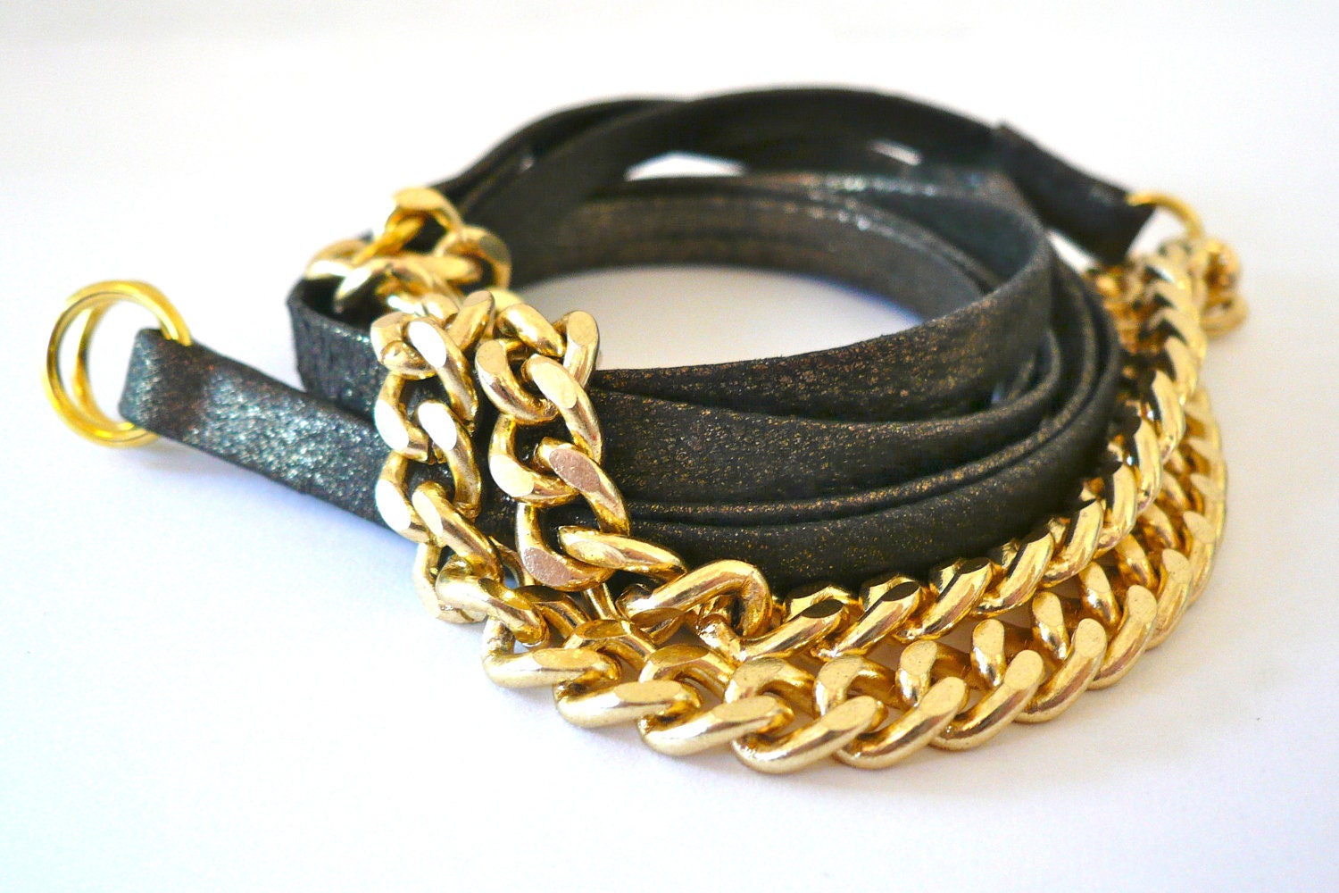 Metallic leather wrap bracelet with gold chain link