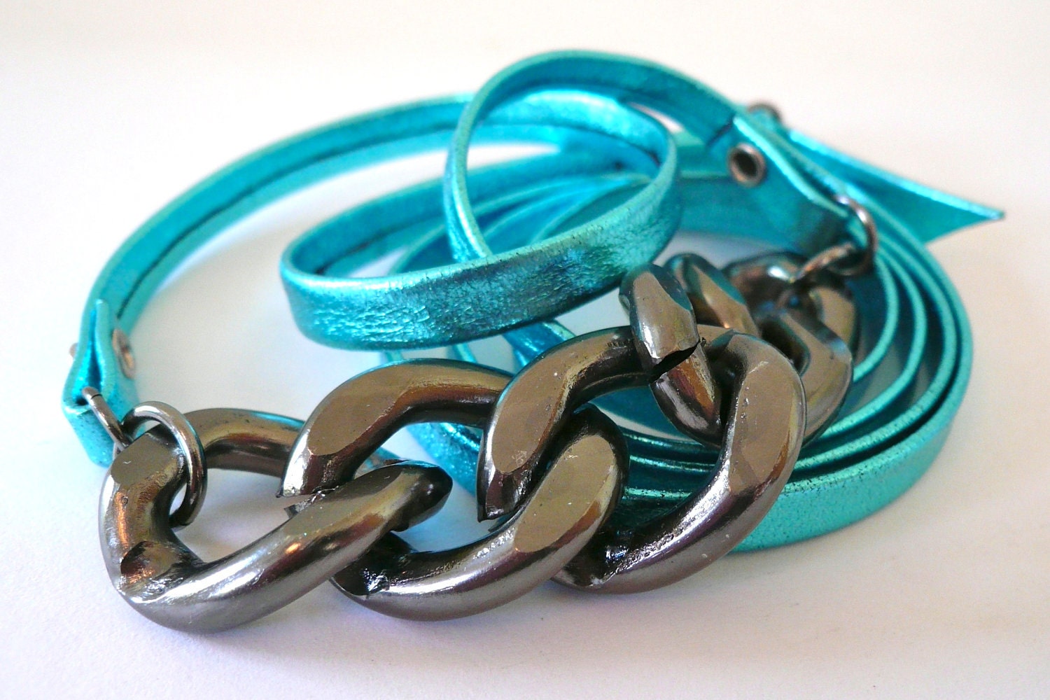 Bright Blue Metallic Leather & Chunky Gunmetal Chain Wrap Bracelet