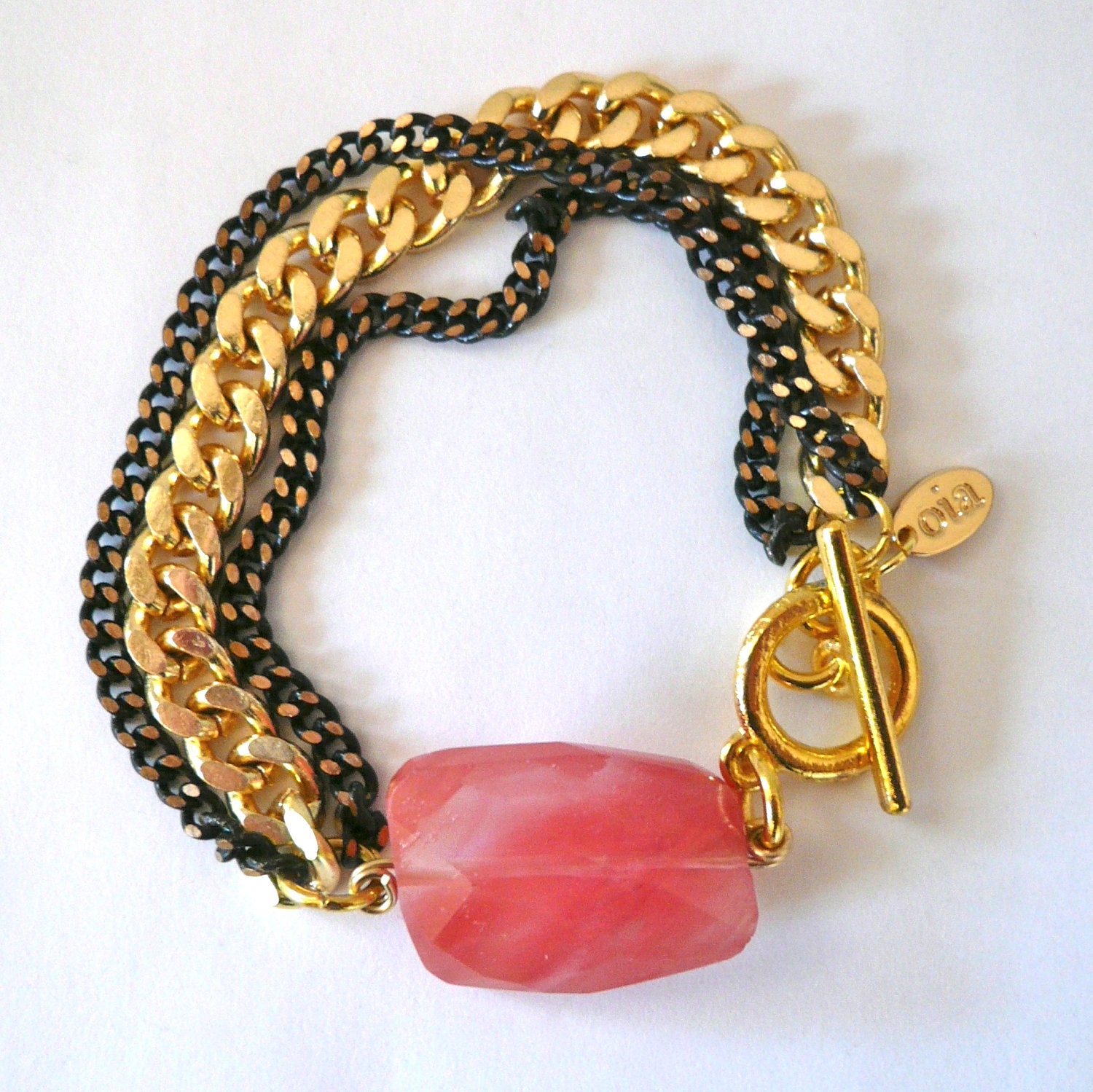 Gold Curb Multichain Bracelet with Cherry Quartz