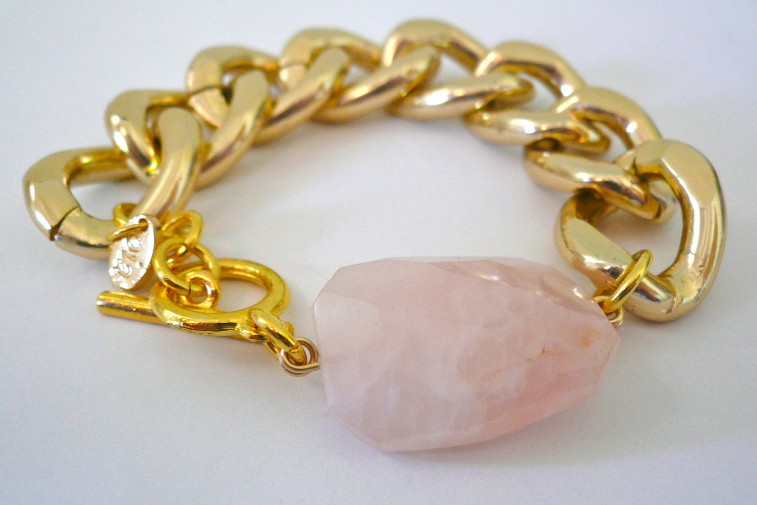 Chunky Gold Chain Link Bracelet with Rose Quartz