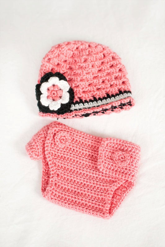 Crochet Baby Beanie Hat with Flower and Diaper Cover Set Newborn Strawberry/Black/White - MADE TO ORDER