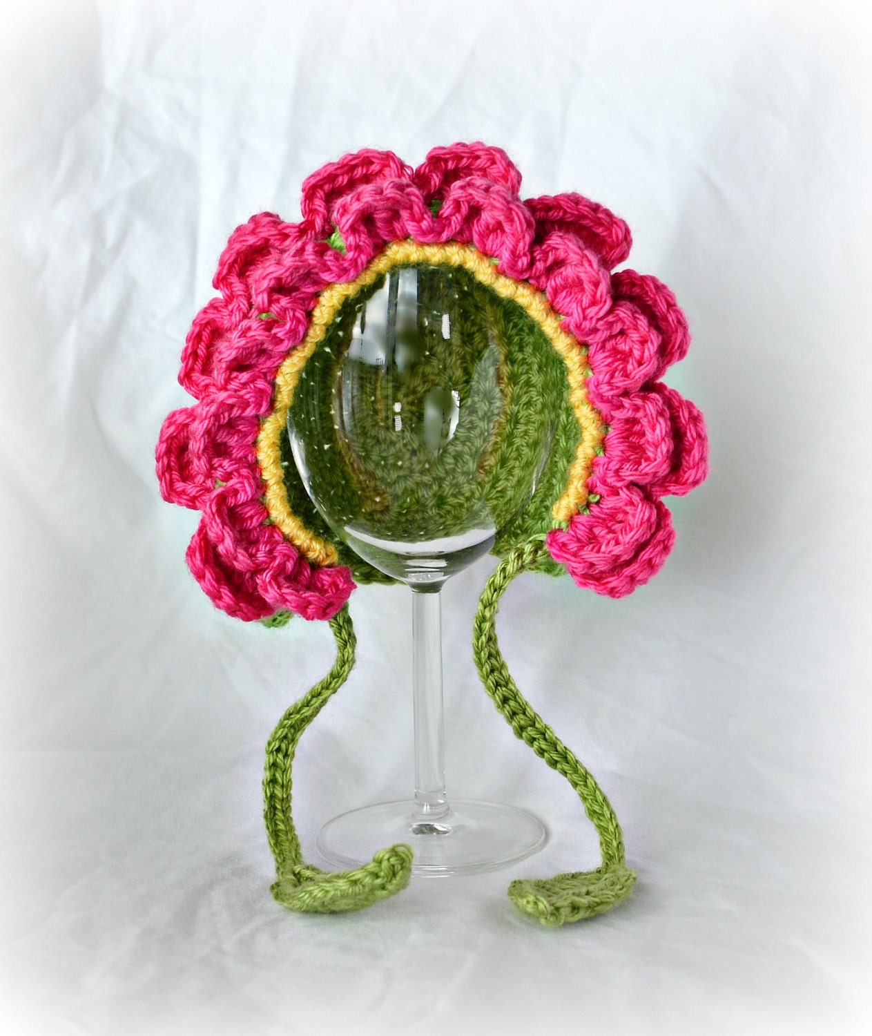 Crochet Baby Flower Petal Bonnet Newborn Hat with Leaves - MADE TO ORDER
