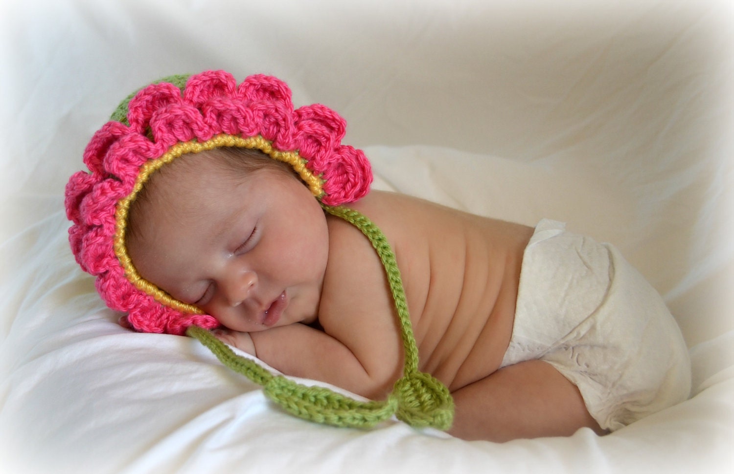Crochet Baby Flower Petal Bonnet Newborn Hat with Leaves - MADE TO ORDER