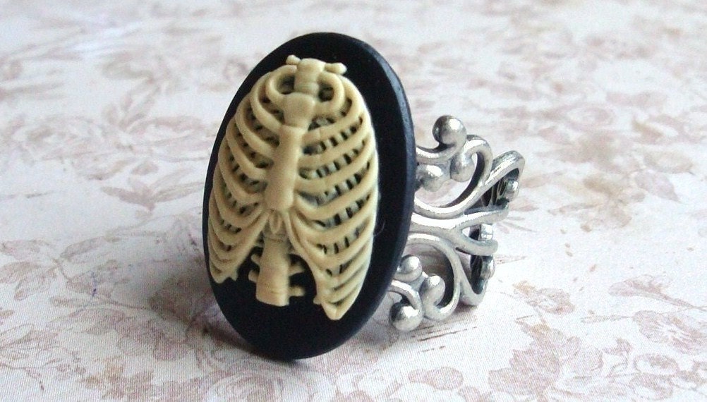 Skeletal Cameo Rib Cage Ring, Adjustable Filigree, Antique Silver Band, Lead Free, Nickel Free