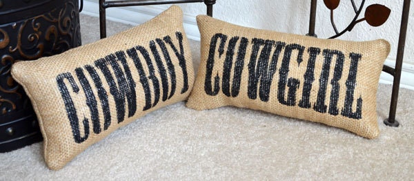 Cowboy and Cowgirl Burlap Pillow 2pc Set - We Do Custom Pillows