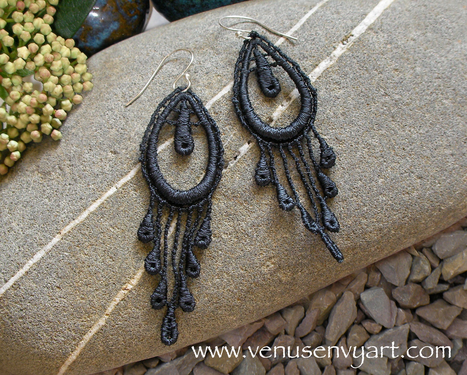 Black Lace Earrings - Peacock Feather Fringed Venetian Lace Appliques