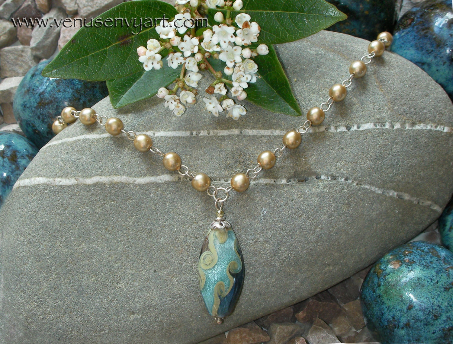 Lampwork Pendant & Swarovski Gold Pearl Necklace