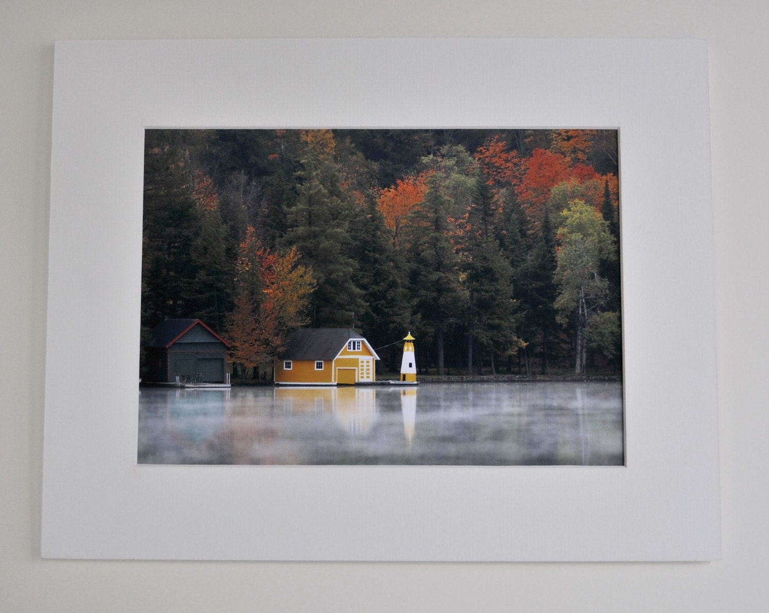 Yellow Adirondack Boathouse - Boathouse stands out on misty covered autumn Adirondack Pond - Matted 11 x 14 Fine Art Print