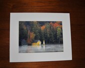 Yellow Adirondack Boathouse - Boathouse stands out on misty covered autumn Adirondack Pond - Matted 11 x 14 Fine Art Print