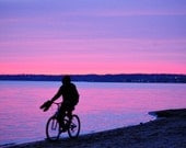 Early Morning Bike Ride - Bike rider travels along the beach holding his shoes at sunrise - 8 1/2 x 11 Fine Art Print