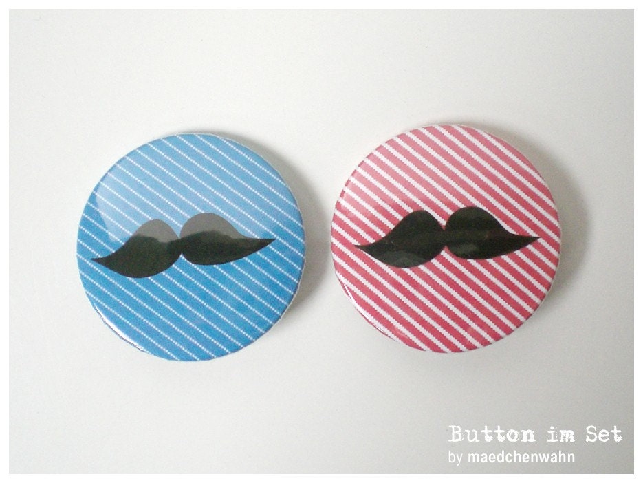 Moustache, RED or BLUE pin bck button