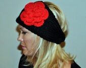 Crochet HEADBAND Earwarmer Knit Black CHOOSE COLOR Warm Crochet Snow Red Rose Flower Hat Cozy Carmen Valentines day gift