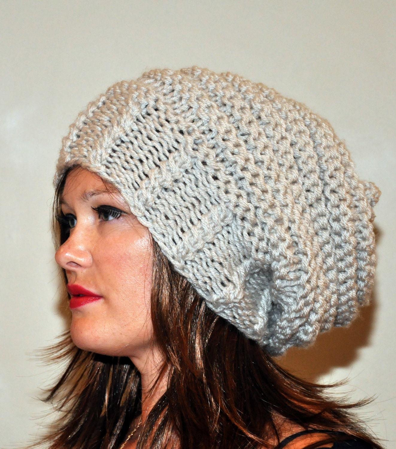 Slouchy Beanie Slouch Hat Beret Hand Knit Adult Teen Winter Tam CHOOSE COLOR Beige Linen Nature Earth Neutral Chunky Gift