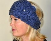 Ear warmer Headband Headwrap 100% Wool CHOOSE COLOR Crochet Knit Blue Crystal Flower Girly Romantic Gift Peacock Turquoise Topaz Aquamarine