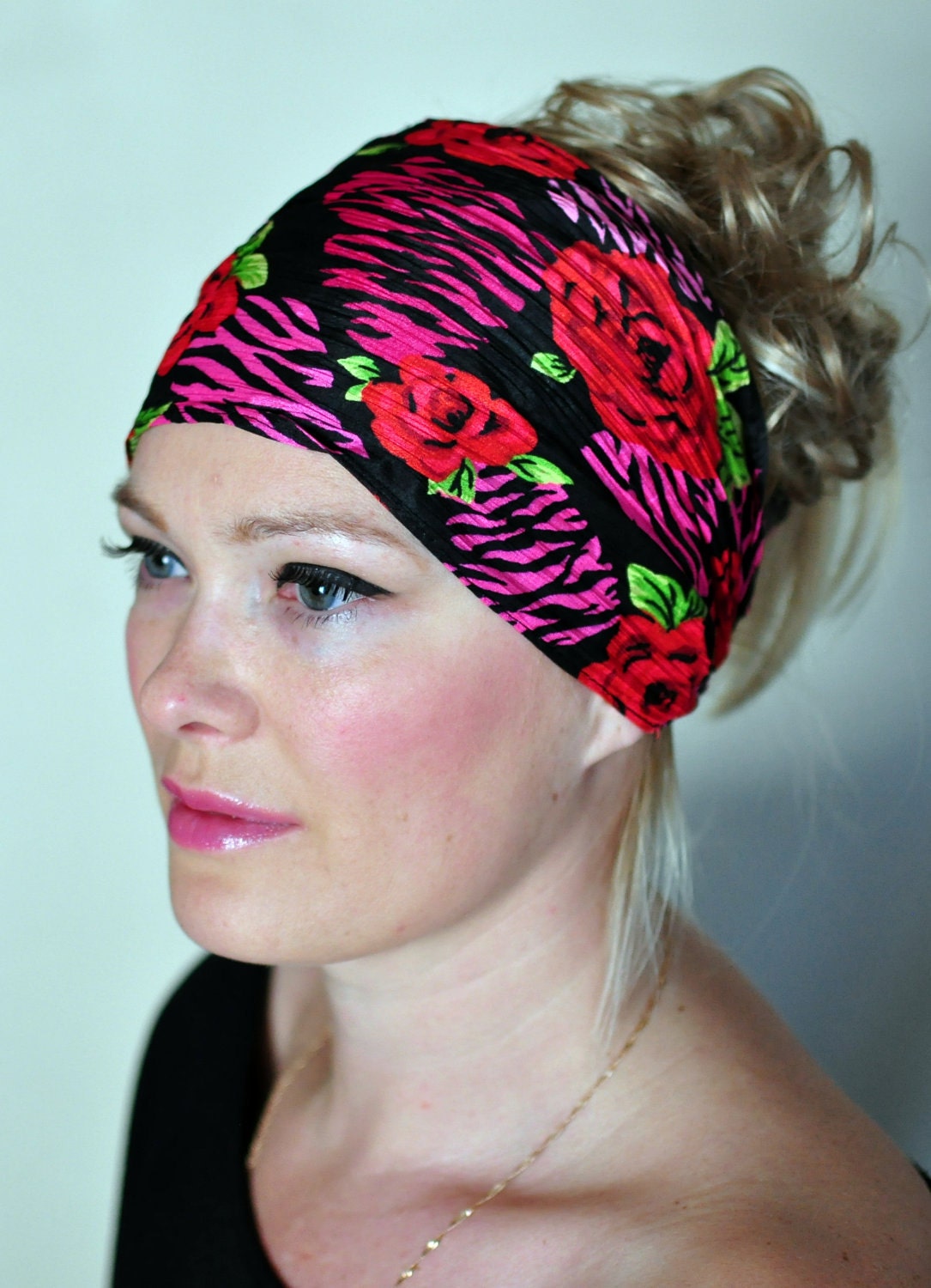 Fashion Headband Hair Wrap Headwrap Floral Rose Pleated Flowers Chiffon Wide Hairwrap Bandana Head Covering Head scarf Mothers Day Gift