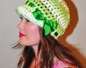 St. Patrick Day Hat Brim Beanie Newsboy Bow Cap Crochet 100% Cotton Women Green White Tea Satin Ribbon Girly Gift under 40