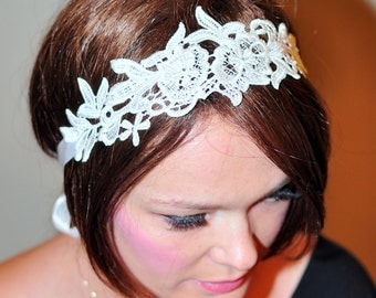 Lace Headband Ivory Headwrap Bridal Hair Band Vintage Head wrap Hair Scarf  Romantic Girly Flowers Laces  Gift