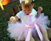 White and Pink First Birthday Tutu Outfit with Matching Headband and Flower Hair Clip