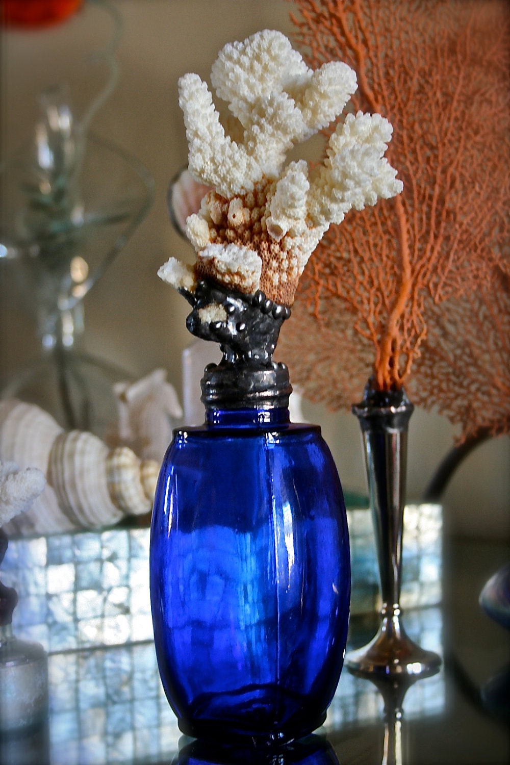 Cobalt Blue Vintage Vessel With Billowy Sea Coral Sea Life Sculpture Coastal Home Decor