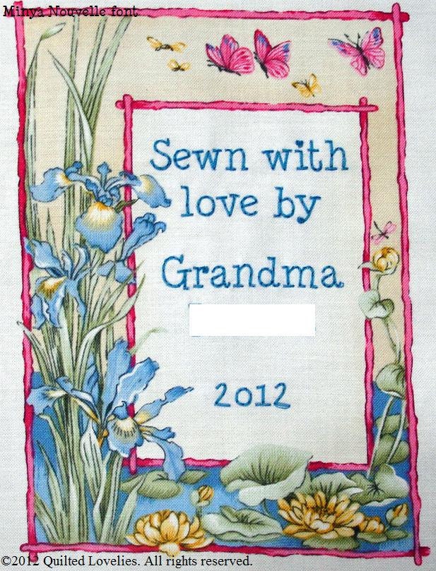 Quilt Label - Irises and Butterflies, Custom Made & Hand Embroidered LAST ONE