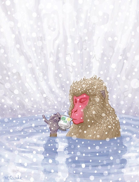 Christmas Card Snow Monkey Drinking Tea in Hot Springs
